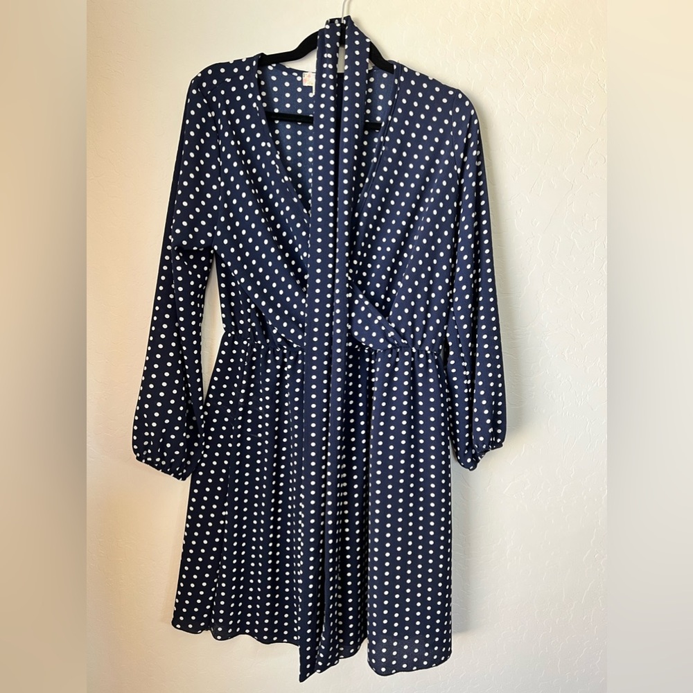 Navy Blue Polka Dot Faux wrap dress